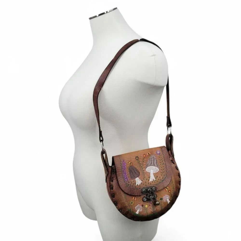 60s 70s Vintage Leather Hand Painted Brown Mushroom Crossbody Bag